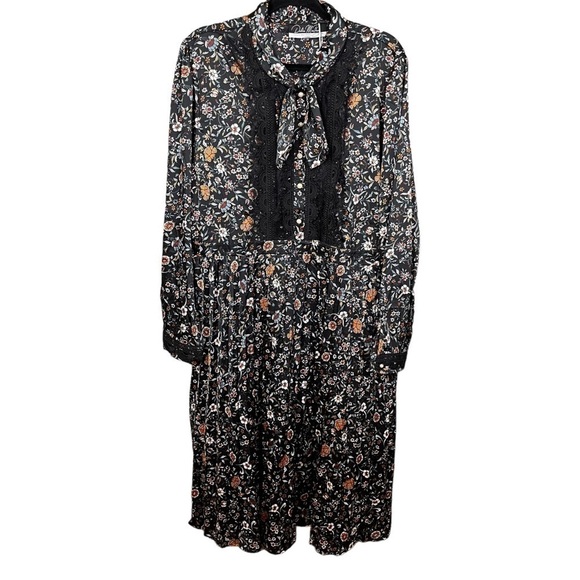 DALIA Macphee Floral Pleated Long Sleeve‎ Midi Dress Black Size 3x New - Picture 3 of 15